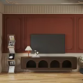 Elegant Dark Brown Wooden TV Cabinet With Maroon Walls Decorative Moldings And Table Lamp