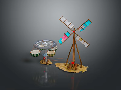 Colorful Windmill Model With Blades Small Figures On Base Circular Platform And Bowls 3d model