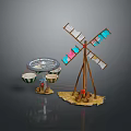Colorful Windmill Model With Blades Small Figures On Base Circular Platform And Bowls