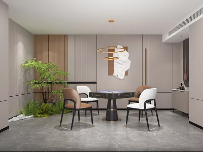 Modern Entertainment Room Interior Design With Round Table Chairs And Hanging Chandelier 3d model