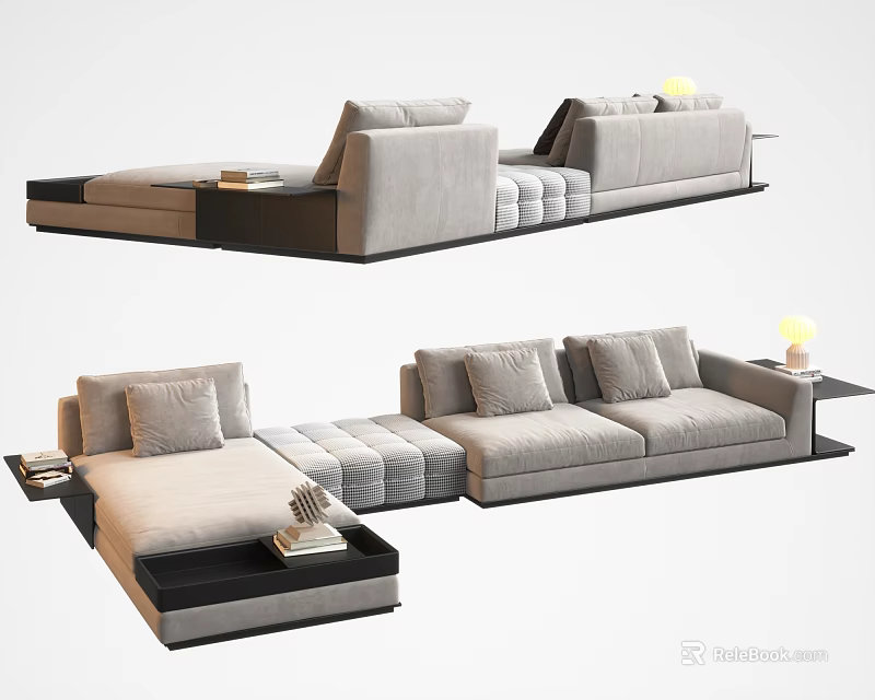 Light Gray Sectional Fabric Sofa With Multiple Cushions Black Frame And Side Table Design 3d model