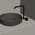 Modern Bathroom Vanity With Round Stone Basin Black Faucet And White Countertop