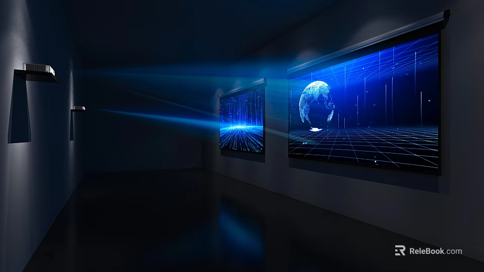 Modern Projection Monitoring System with Large Screens Blue Light Displaying Earth Grid in Dark Room 3d model 