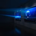 Modern Projection Monitoring System with Large Screens Blue Light Displaying Earth Grid in Dark Room