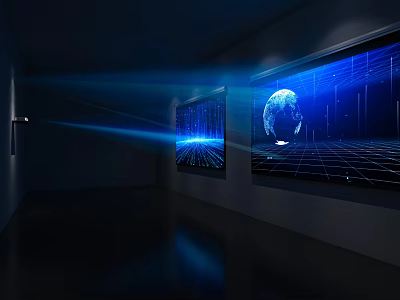 Modern Projection Monitoring System with Large Screens Blue Light Displaying Earth Grid in Dark Room 3d model