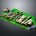 Natural Wooden Logs And Stone Pieces Arranged On Green Grass Surface