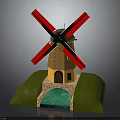 Windmill Model With Red Blades Black Center Yellow Tower Brown Roof Green Grass Blue Water