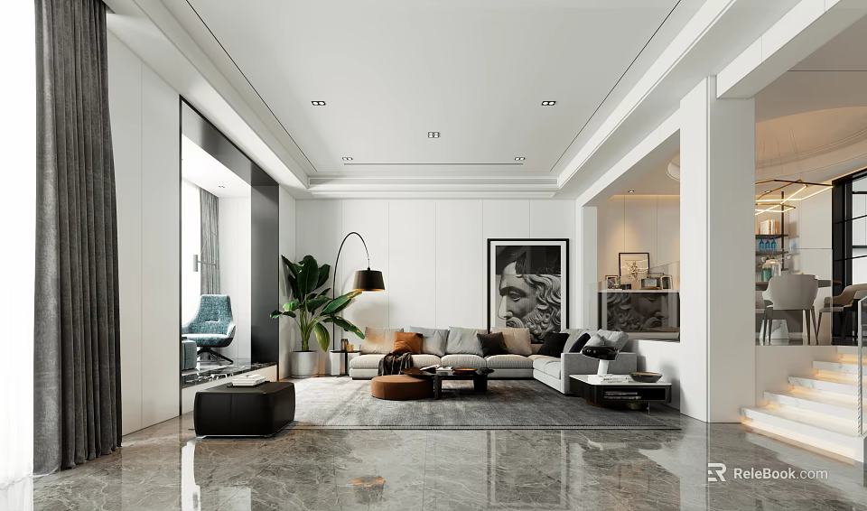 Duplex Living Room Interior With White Design Marble Flooring Sofa Green Plant And Decorative Painting 3d model 