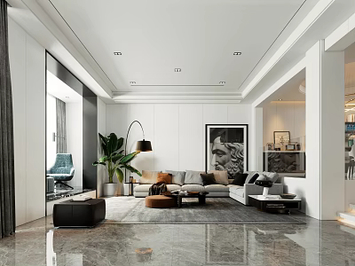 Duplex Living Room Interior With White Design Marble Flooring Sofa Green Plant And Decorative Painting 3d model
