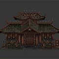 Cartoon Style Chinese Traditional Building Scene With Red Curved Eaves Tiled Roof And Front Plaque