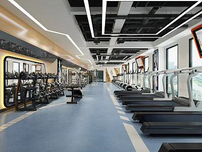 Modern Gym Interior With Treadmills Dumbbells And Spacious Fitness Workout Area 3d model
