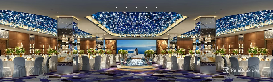 Luxurious Banquet Hall With Starry Ceiling Ocean Backdrop Elegant Stage And Decorated Tables 3d model 