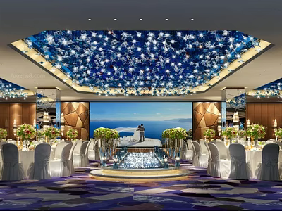 Luxurious Banquet Hall With Starry Ceiling Ocean Backdrop Elegant Stage And Decorated Tables 3d model