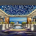 Luxurious Banquet Hall With Starry Ceiling Ocean Backdrop Elegant Stage And Decorated Tables