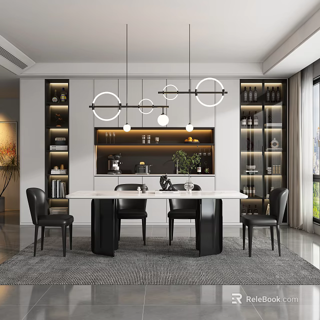 Modern Restaurant Interior With White Dining Table Black Chairs And Circular Pendant Lights 3d model