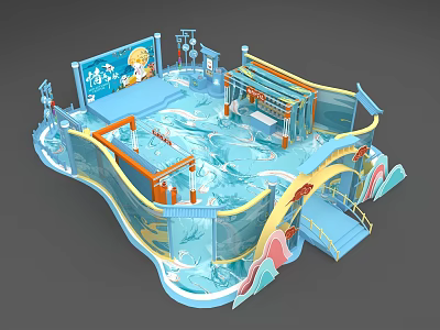 Kids Playground With Blue Water Wave Design Slide Climbing Frame And Cartoon Elements 3d model