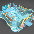 Kids Playground With Blue Water Wave Design Slide Climbing Frame And Cartoon Elements