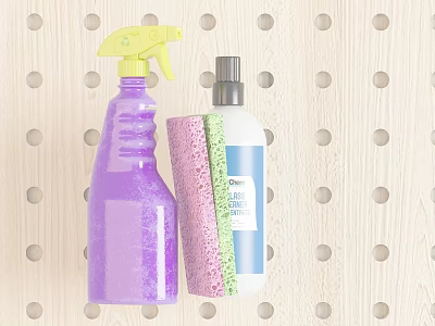 Swing Door Cleaning Essentials With Purple Spray Bottle Pink Green Sponge And Blue Label Cleaner 3d model