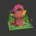 Colorful Sweet Themed Building With Pink Donut Roof Candy Cane Green Trees And Tables