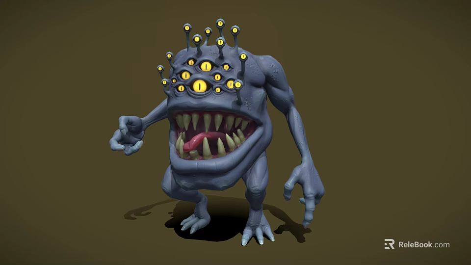 Grotesque Blue Monster Character With Multiple Yellow Eyes Sharp Teeth And Long Limbs 3d model