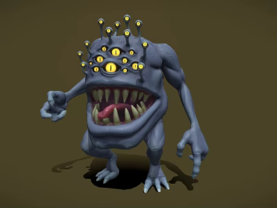 Grotesque Blue Monster Character With Multiple Yellow Eyes Sharp Teeth And Long Limbs 3d model