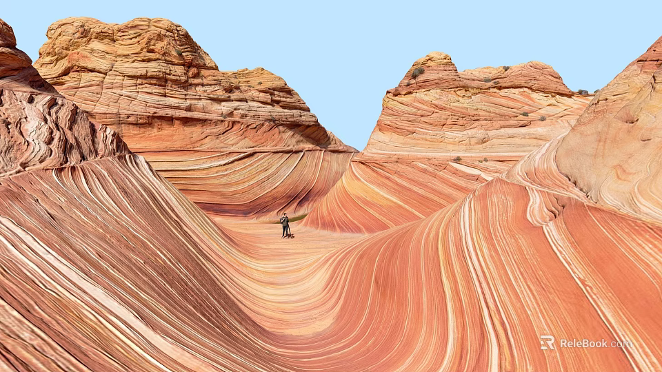 Red Rock Landscape With Wave Like Patterns And Standing Person Under Blue Sky 3d model 