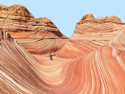 Red Rock Landscape With Wave Like Patterns And Standing Person Under Blue Sky 3d model