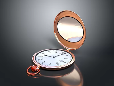 Open Copper Case Pocket Watch With White Dial Roman Numerals And Dark Background Reflection 3d model