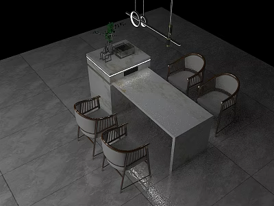 Modern Dining Table Set With Four Chairs Stone Top And Pendant Lights 3d model