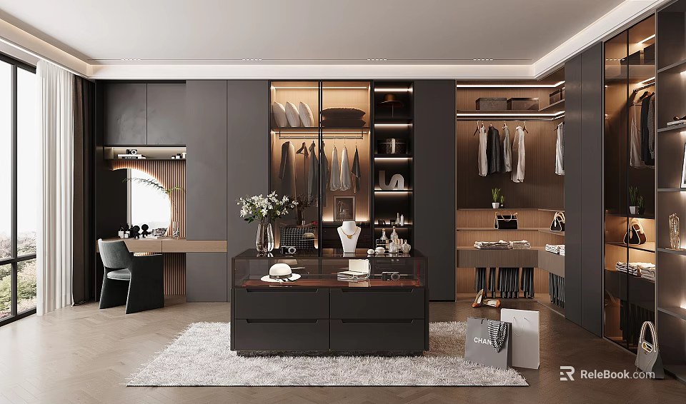 Modern Walk In Closet With Dark Cabinets And Vanity 3d model 