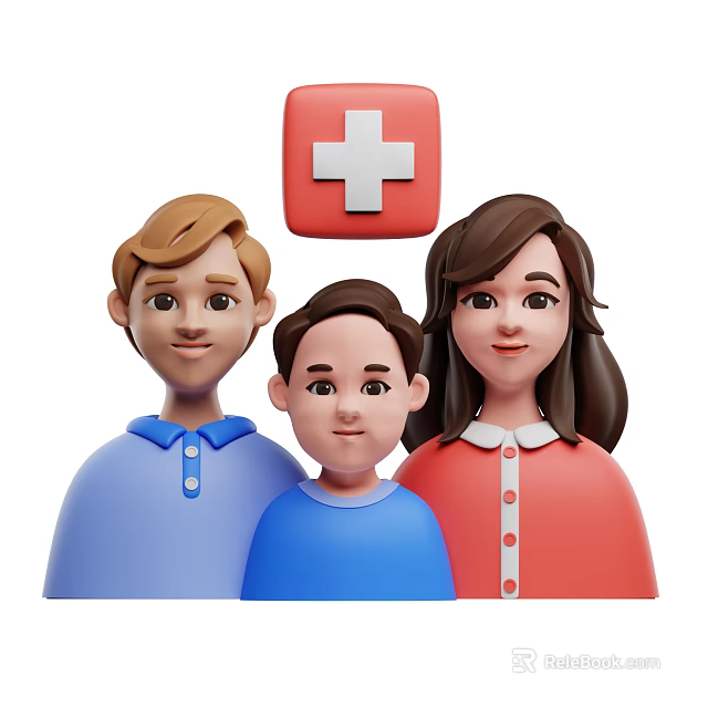 Family Health Guide Portrait Featuring Red Medical Cross And Three Members 3d model 