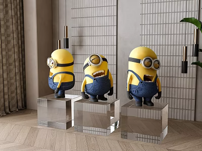 Three Minion Sculptures Displayed On Transparent Bases With Modern Background 3d model