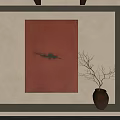 Red Painting on Beige Wall with Bare Branch in Ceramic Vase