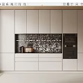 Modern Kitchen Interior With White Cabinets Black Patterned Backsplash And Built In Appliances 3d model