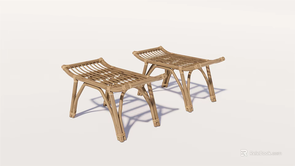 Modern Wooden Rattan Stools With Woven Design And Simple Home Style 3d model 