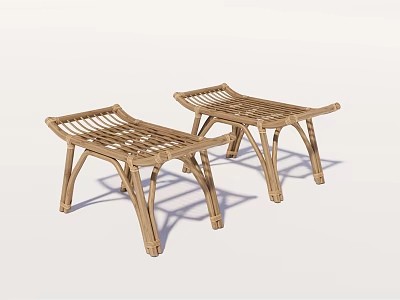 Modern Wooden Rattan Stools With Woven Design And Simple Home Style 3d model