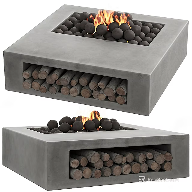 Modern Concrete Fireplace Design With Black Decorative Balls And Stacked Firewood 3d model 