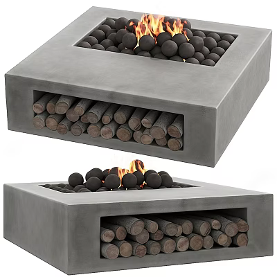 Modern Concrete Fireplace Design With Black Decorative Balls And Stacked Firewood 3d model