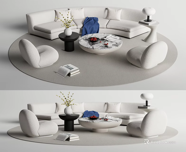 Modern Minimalist Sofa And Coffee Table Set With Accent Chairs Vase Books And Floor Lamp 3d model 