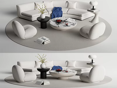 Modern Minimalist Sofa And Coffee Table Set With Accent Chairs Vase Books And Floor Lamp 3d model