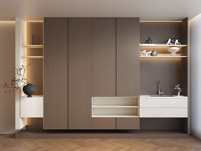Modern Interior Console And Side Cabinet With Wooden Texture White Countertop And Shelf Decorations 3d model