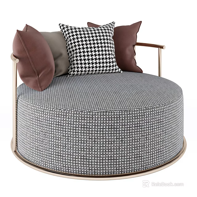 Modern Circular Single Seater Sofa With Gray Checkered Fabric Brown Gray Pillows And Metal Legs 3d model 