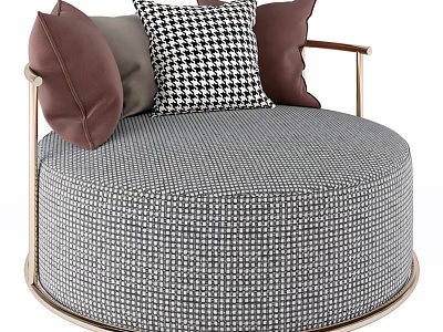 Modern Circular Single Seater Sofa With Gray Checkered Fabric Brown Gray Pillows And Metal Legs 3d model