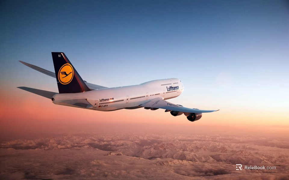 Lufthansa Passenger Airliner Flying Over Clouds And Mountain Ranges In Sunset Sky 3d model 