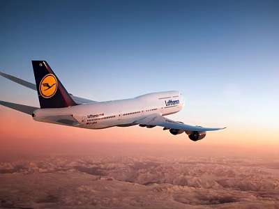 Lufthansa Passenger Airliner Flying Over Clouds And Mountain Ranges In Sunset Sky 3d model