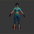 3D Female Character In Blue Outfit With Yellow Patterns Red Decorations And Black Gloves