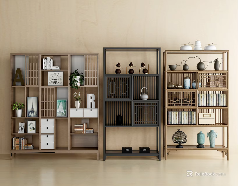 Modern Wooden Etagere Display Design With Black Frame Books Vases And Green Plants 3d model 