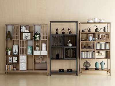 Modern Wooden Etagere Display Design With Black Frame Books Vases And Green Plants 3d model
