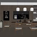 Modern Minimalist Restaurant Interior With Wooden Dining Table Chairs Open Kitchen And Pendant Lights 3d model