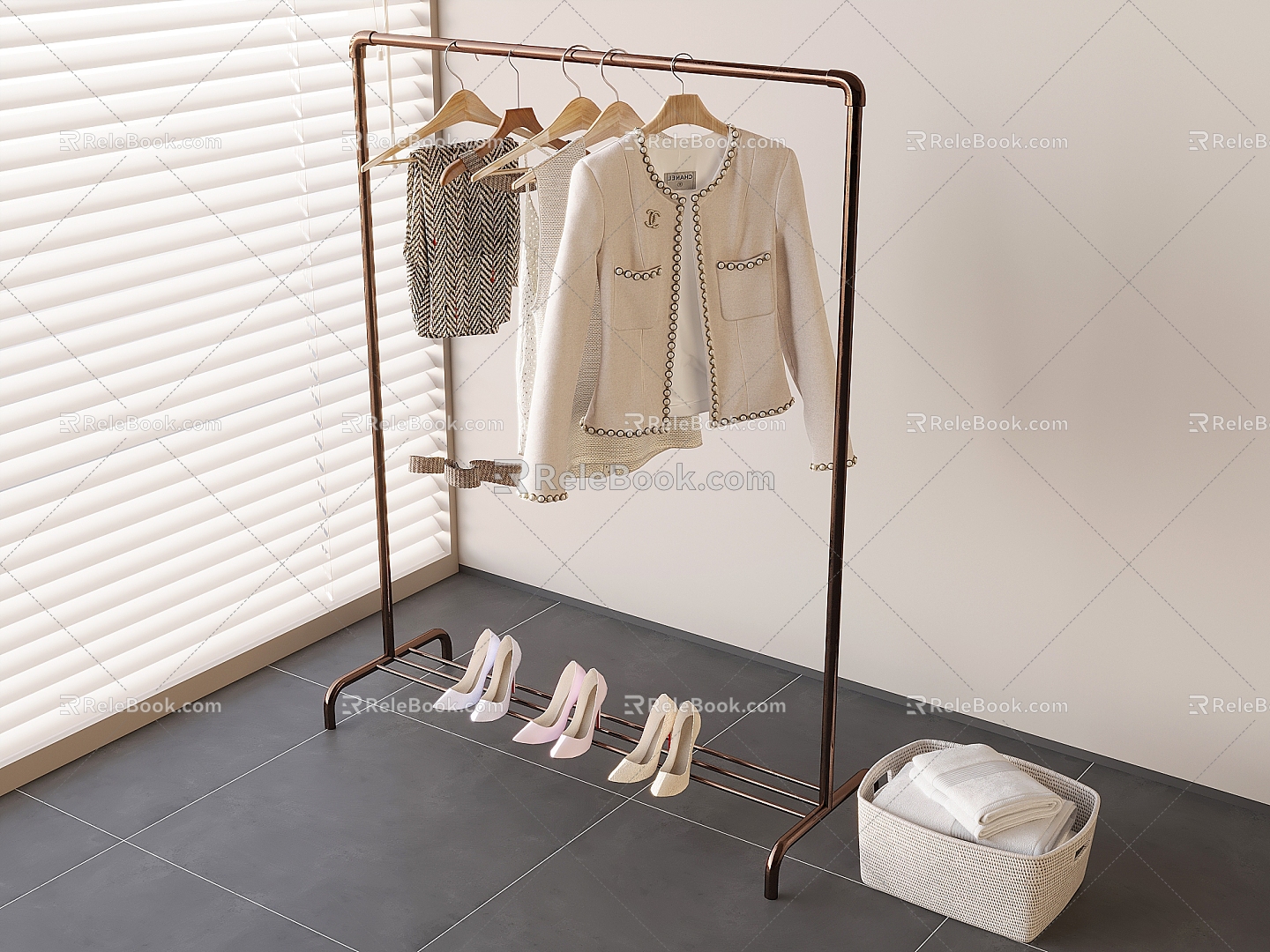 Iron Clothes Hanger Floor Hanger Clothes Women's Clothing Leather Shoes Storage Basket 3d model